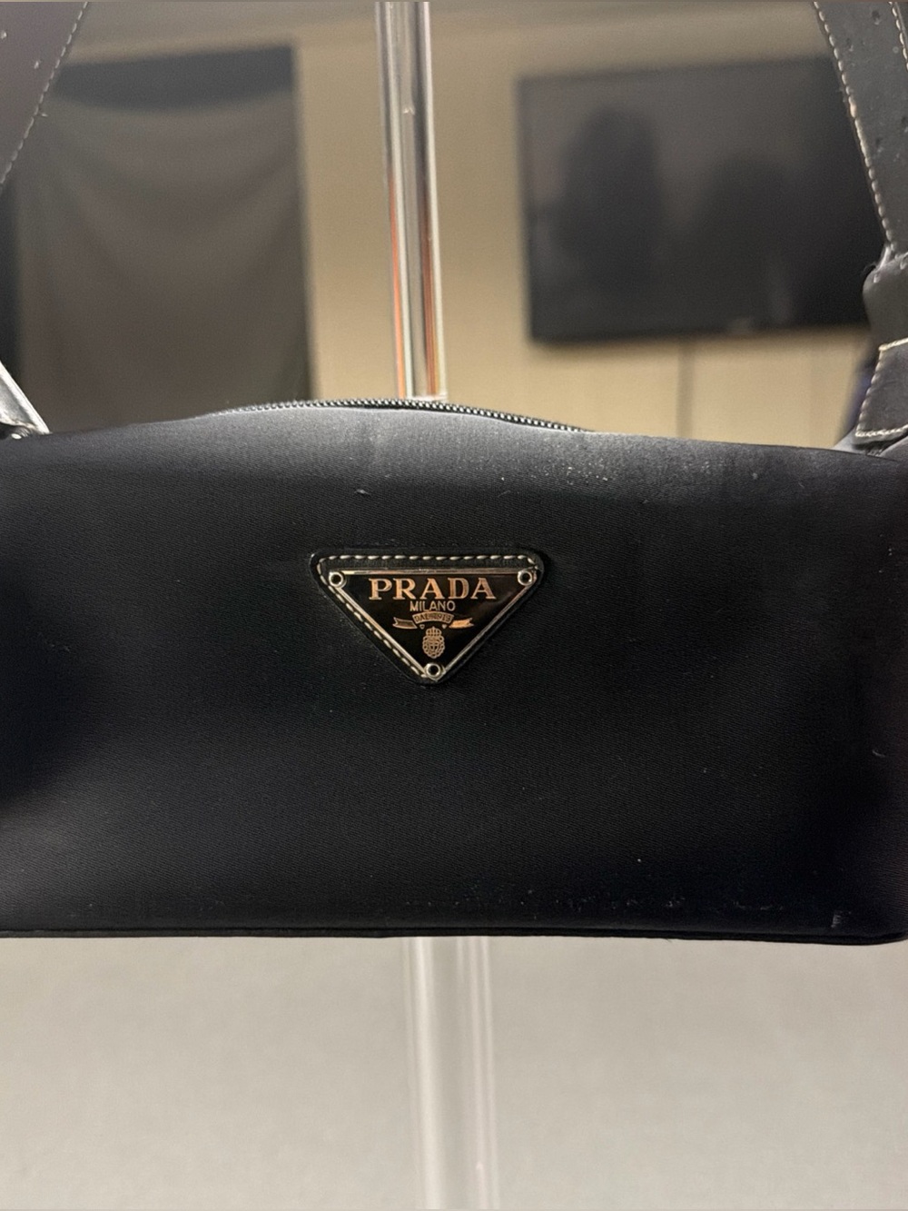 Prada Black Shoulder Bag Logo Accent Zip Closure Silver Hardware Side Pockets - Picture 4 of 8